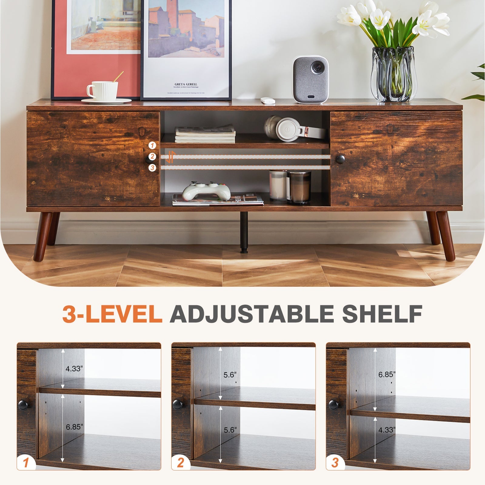 60" TV Stand, Media Console, Adjustable Shelves, Brown-American Furniture Outlet