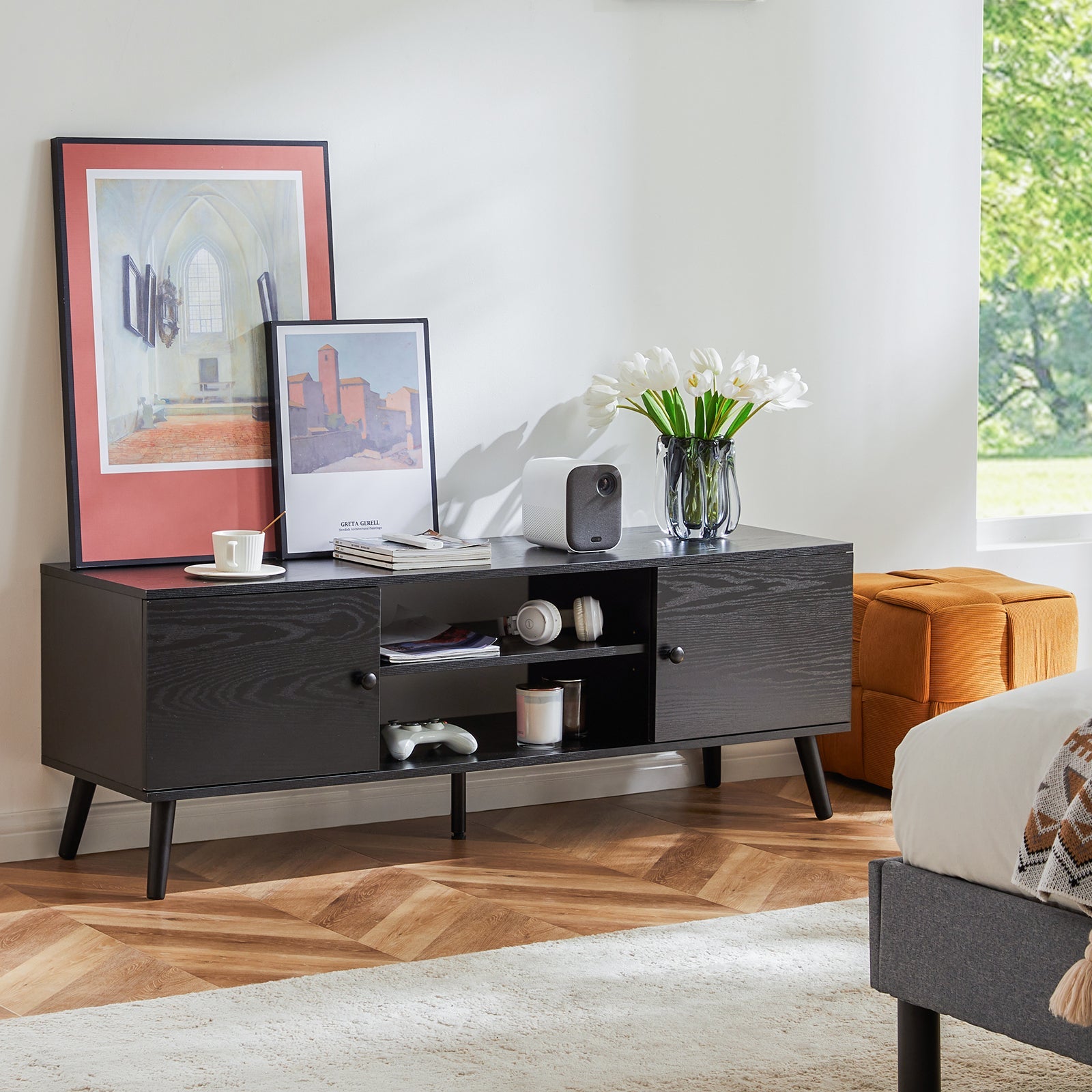 60" TV Stand, Media Console, Black-American Furniture Outlet