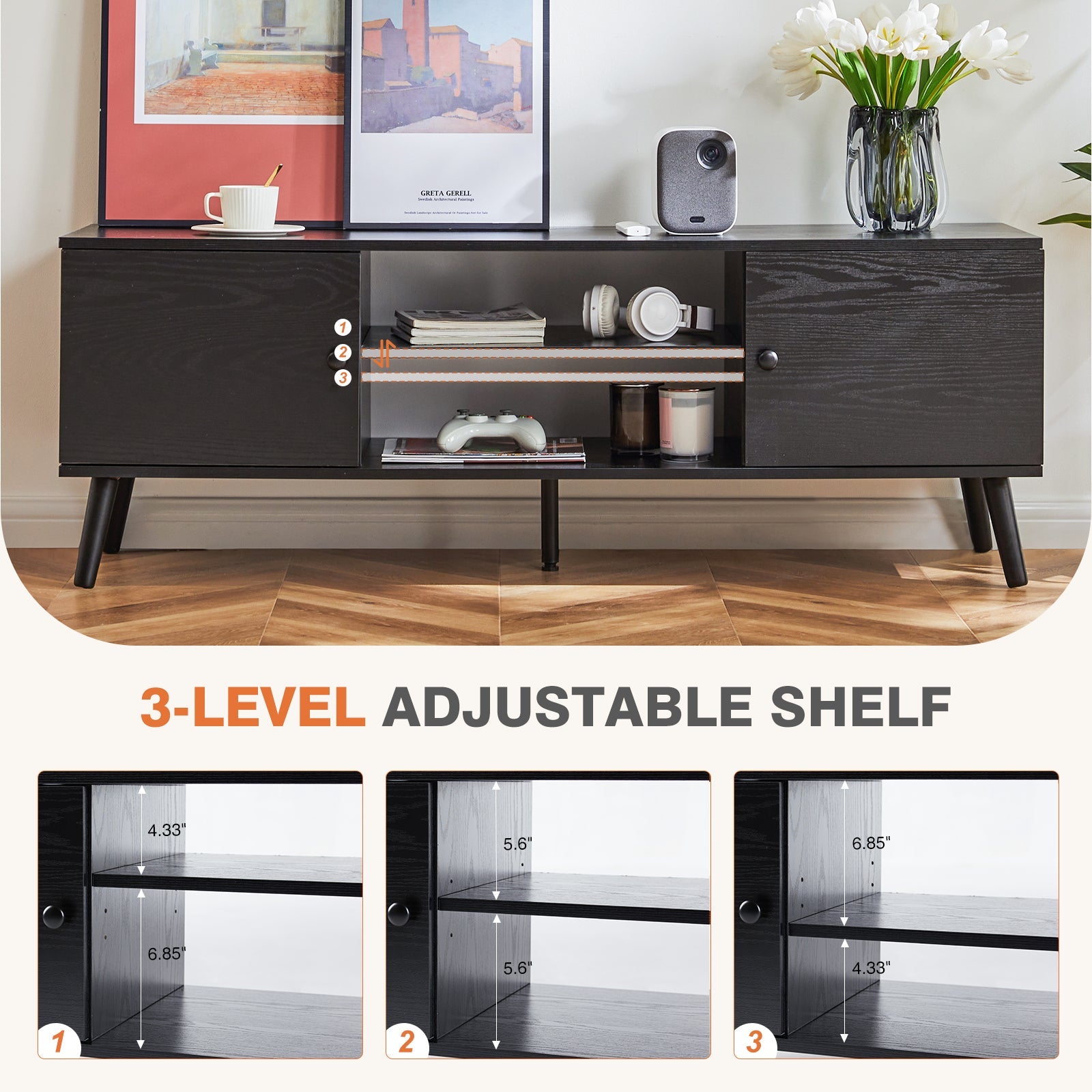 60" TV Stand, Media Console, Black-American Furniture Outlet
