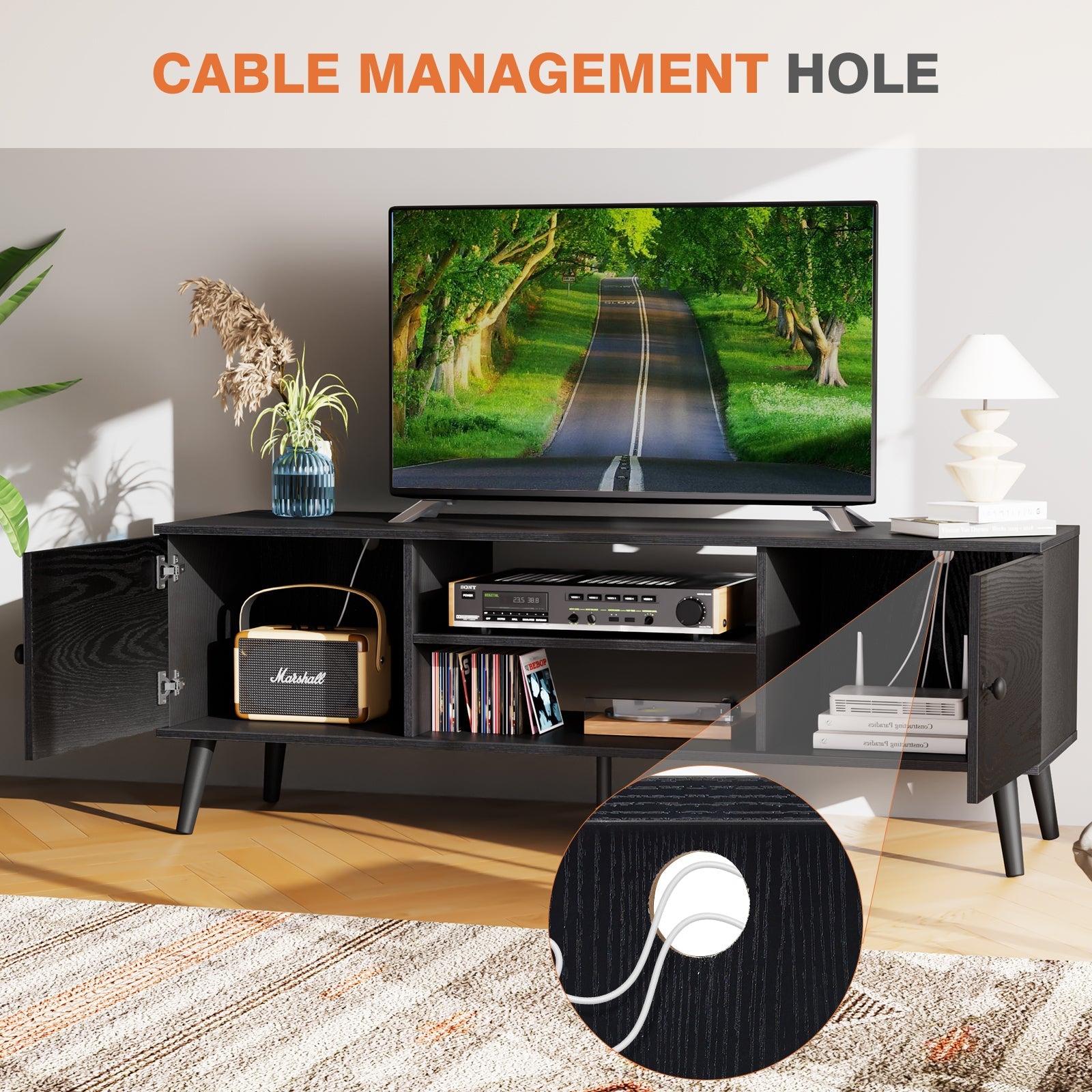 60" TV Stand, Media Console, Black-American Furniture Outlet
