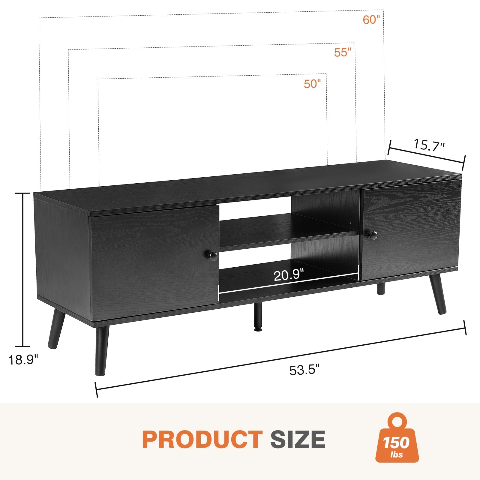 60" TV Stand, Media Console, Black-American Furniture Outlet