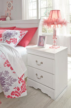 White two-drawer nightstand with two drawer handles and scalloped bottom