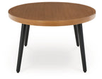 Round two-tone wood cocktail table with light brown top and dark legs