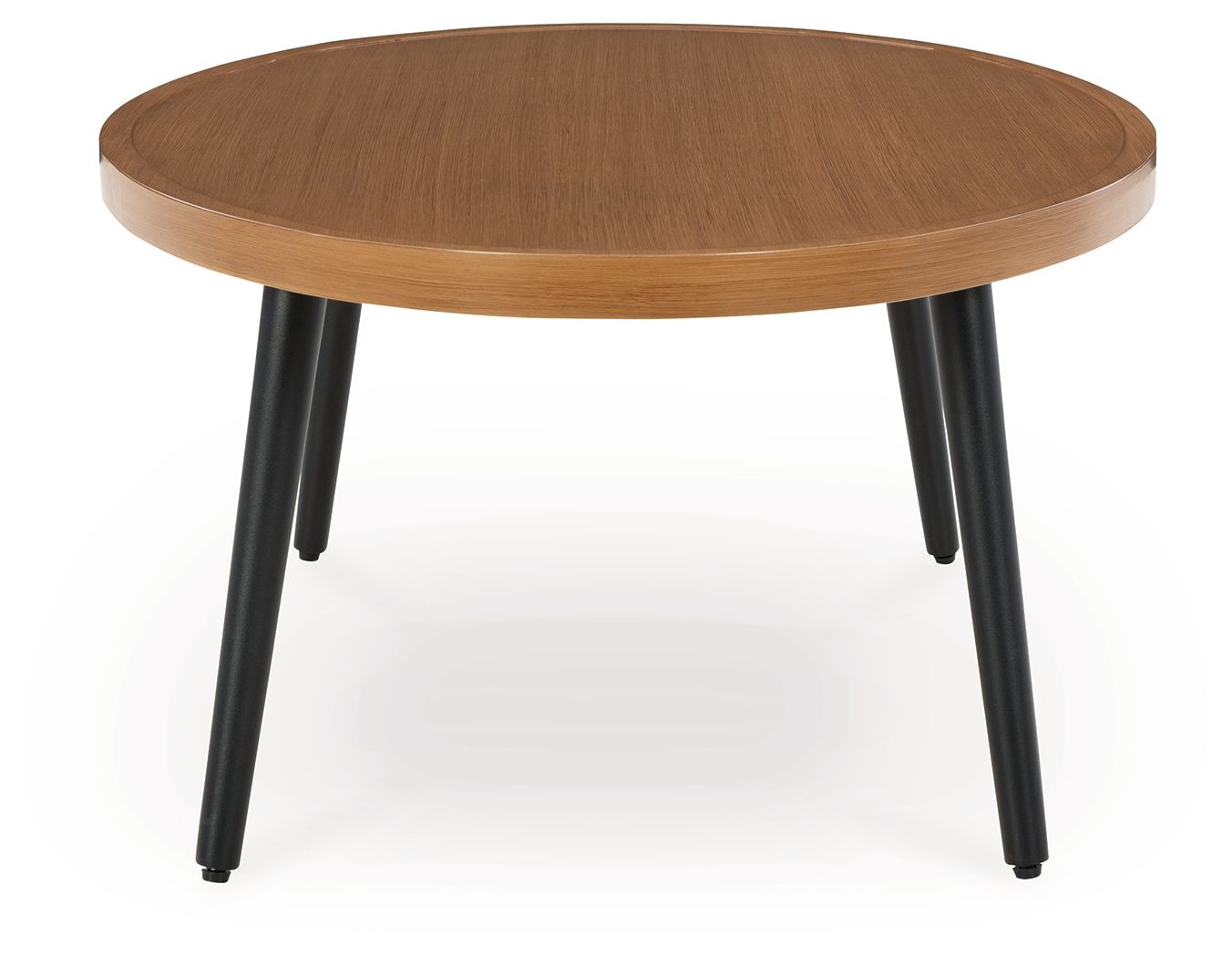 Round two-tone wood cocktail table with light brown top and dark legs