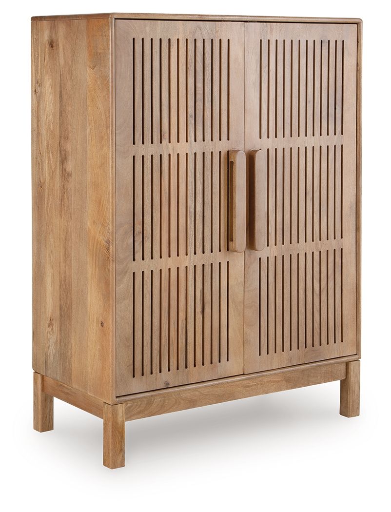 Natural wood bar cabinet with louvered double doors and small center handle