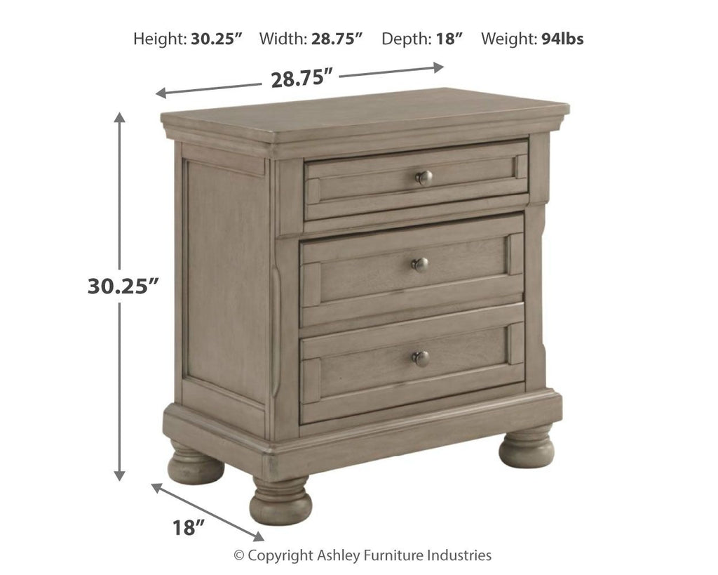 Lettner night stand with three drawers, light gray, angled front view.