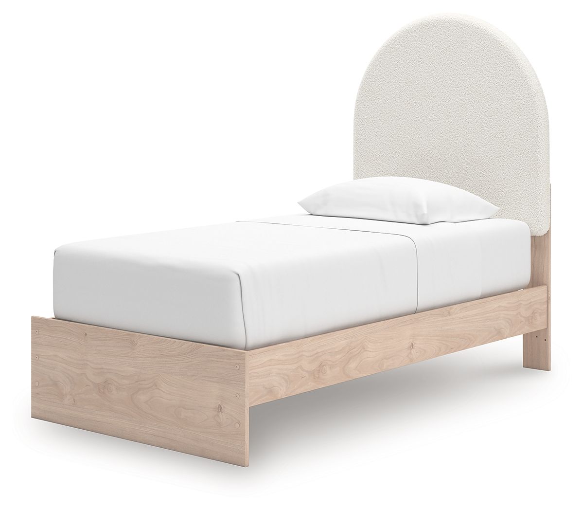 Upholstered panel bed with beige headboard, white mattress, and light wood base