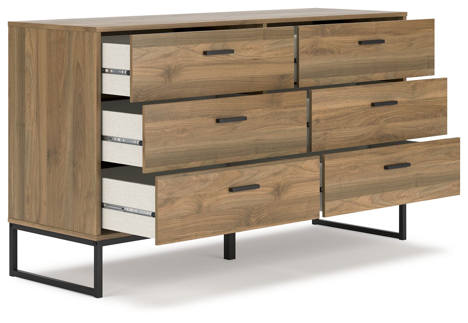 Light brown dresser with multiple drawers and black legs