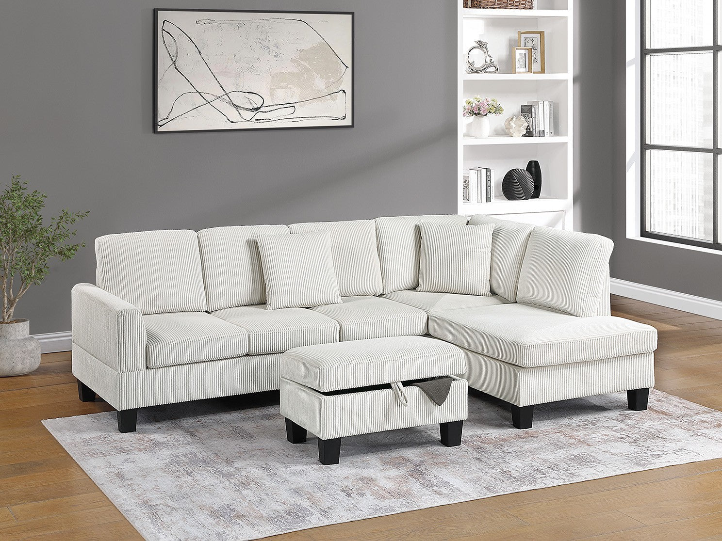 Beige Corduroy Sectional: Chaise, Sofa, Storage Ottoman