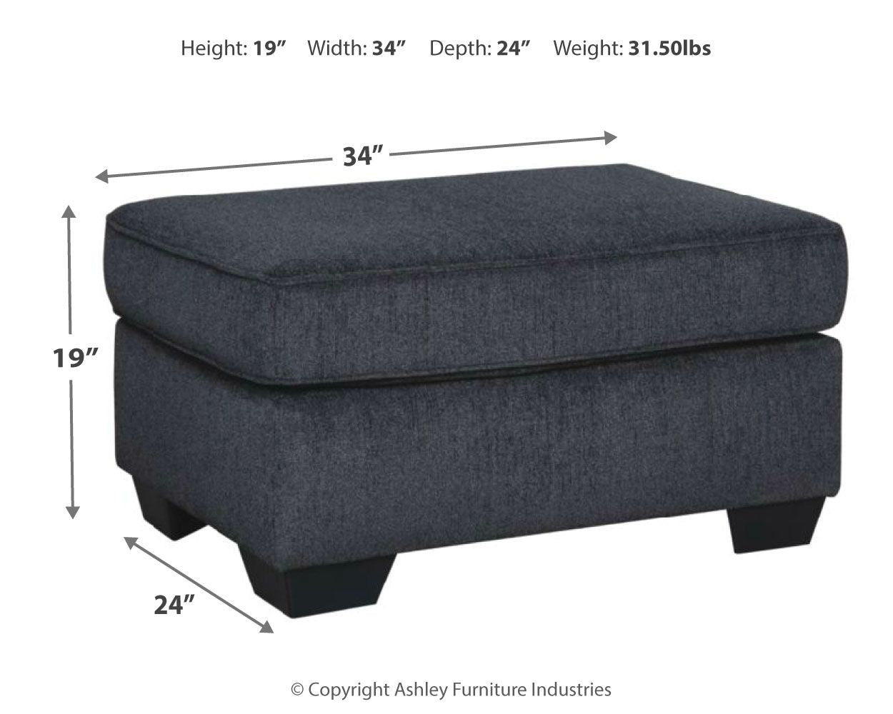 Upholstered dark gray ottoman with cushioned top and block legs