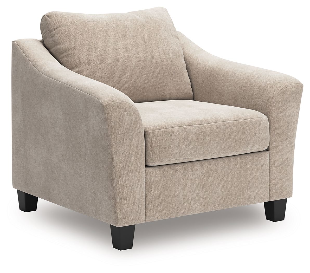 Taupe chair-and-a-half armchair with upholstered arms and cushioned seat, black feet