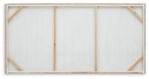 Back of framed wall art with wooden stretcher bars and three vertical panels