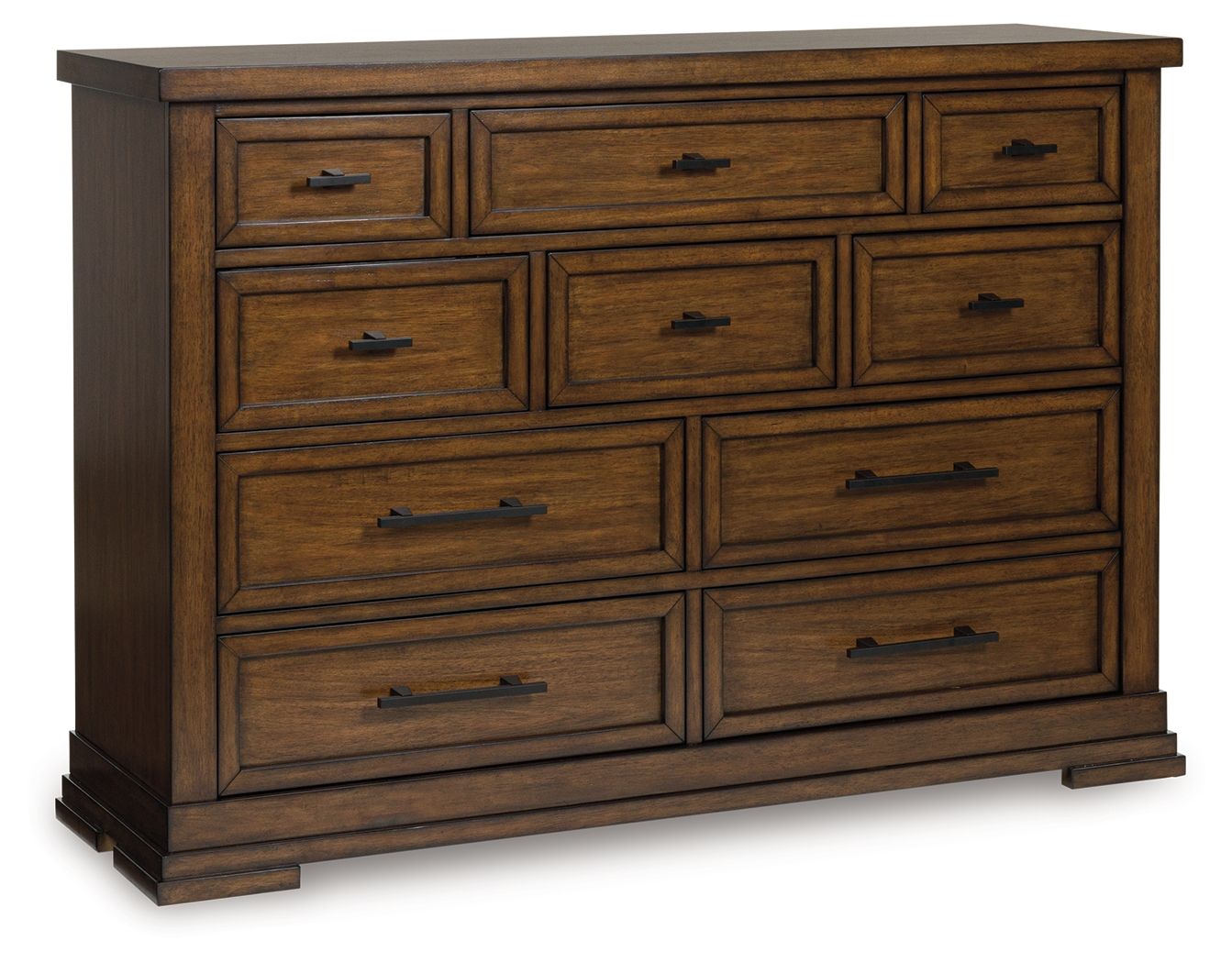 Medium brown wooden dresser with 9 drawers and black pulls, front view