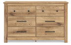 Light brown six-drawer dresser with black knobs and bar pulls, front view
