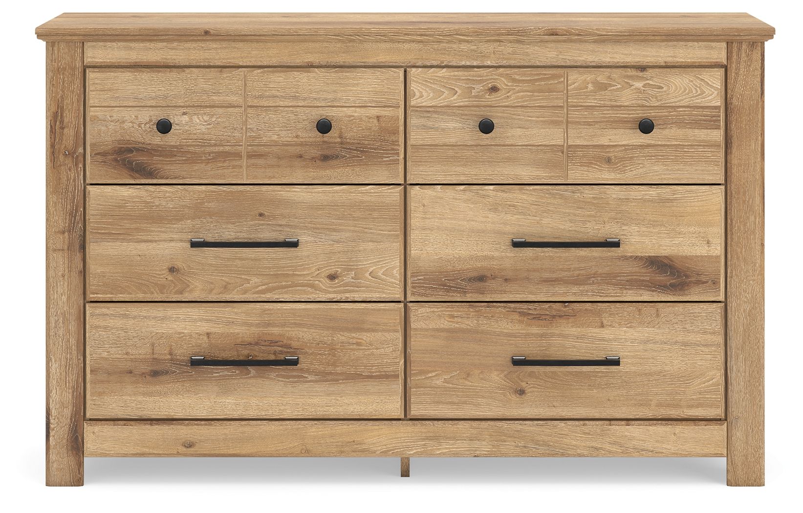 Light brown six-drawer dresser with black knobs and bar pulls, front view