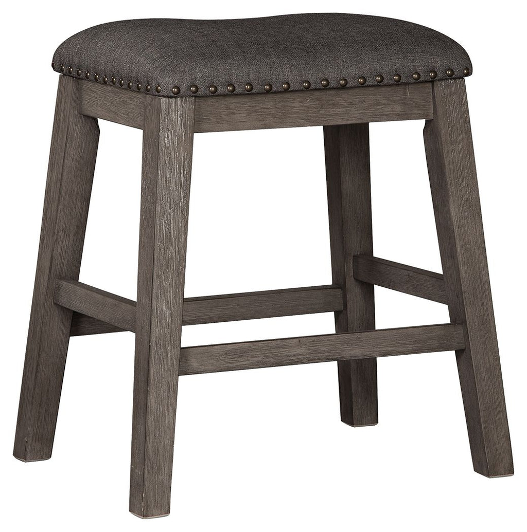Dark gray upholstered backless padded stool with nailhead trim, wooden legs