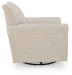 Beige swivel accent chair with rounded arms and backrest, padded seat cushion