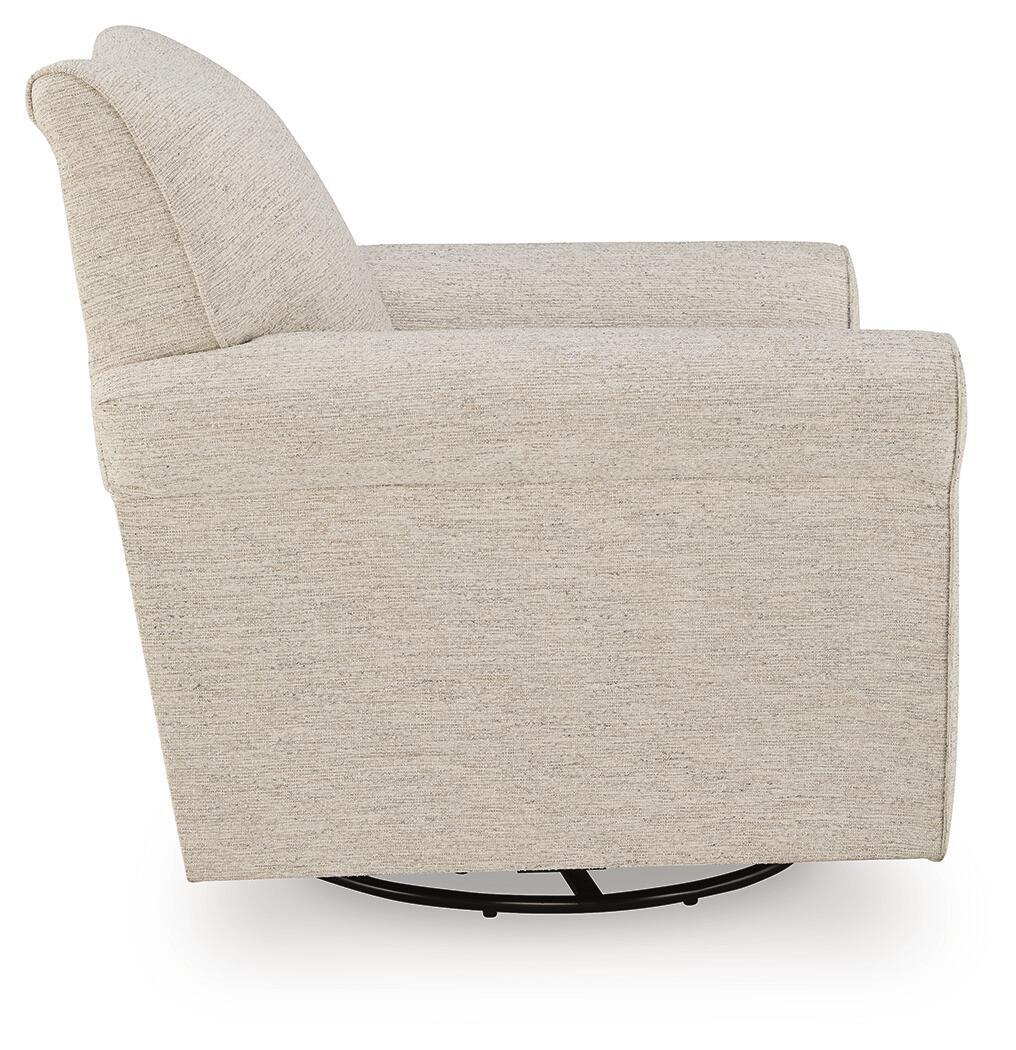 Beige swivel accent chair with rounded arms and backrest, padded seat cushion