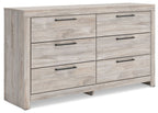 Six-drawer dresser in light gray wood with six drawers and dark bar pulls.