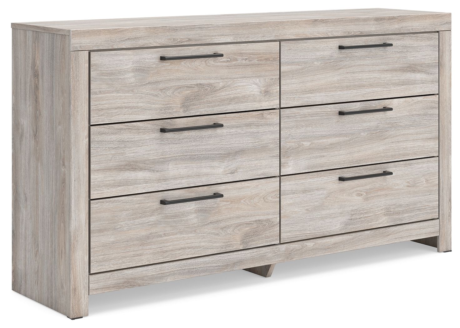 Six-drawer dresser in light gray wood with six drawers and dark bar pulls.