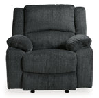 Slate fabric rocker recliner chair with plush seat, high back, and thick arm pads
