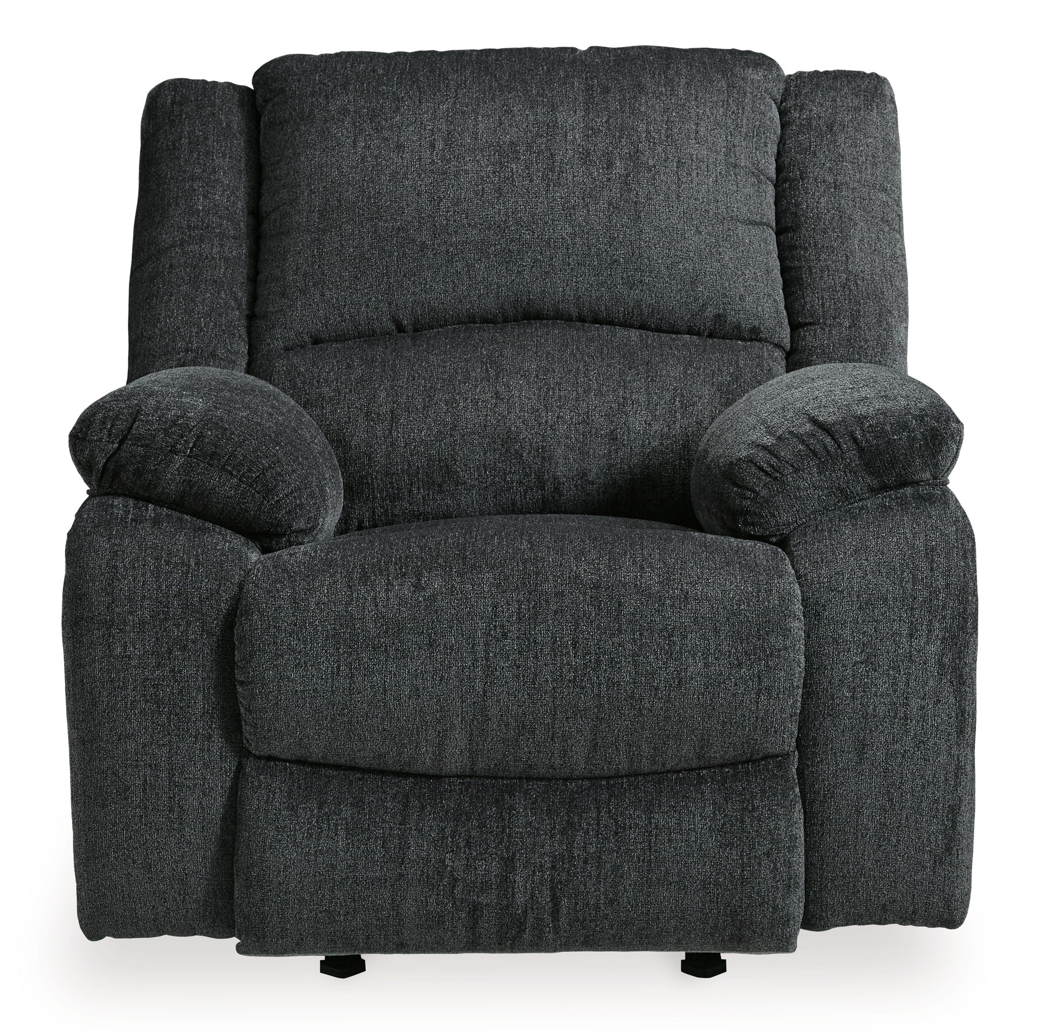 Slate fabric rocker recliner chair with plush seat, high back, and thick arm pads