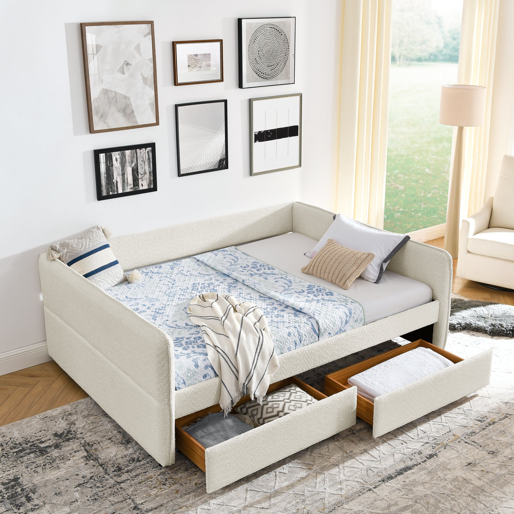 Queen Boucle Daybed with Trundle & Drawers | Upholstered Sofa Bed Beige
