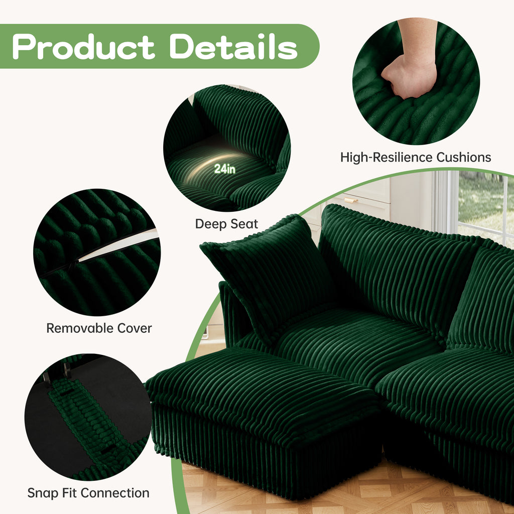 Green U-shape sectional sofa with deep seat and ribbed slipcover cushions