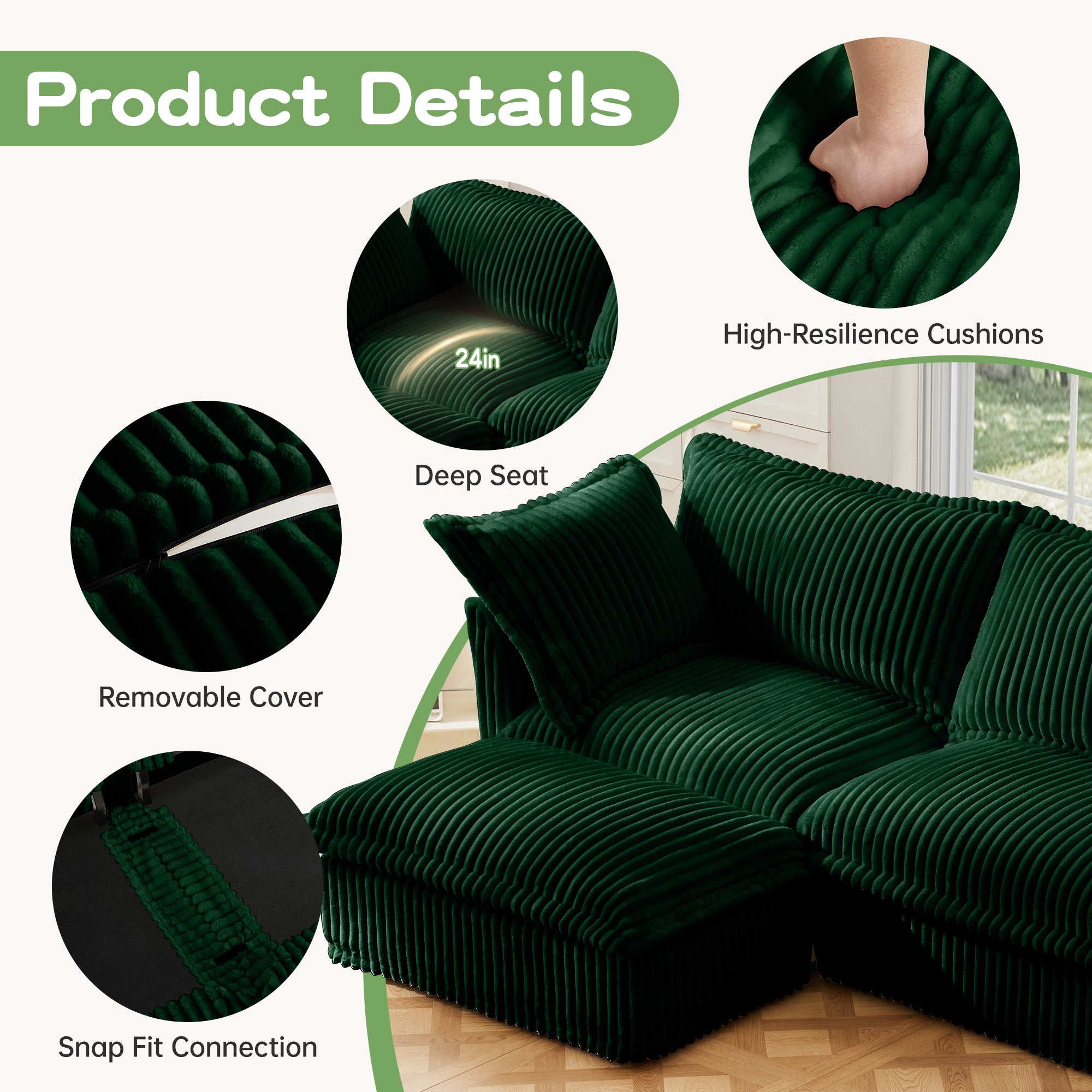 Green U-shape sectional sofa with deep seat and ribbed slipcover cushions