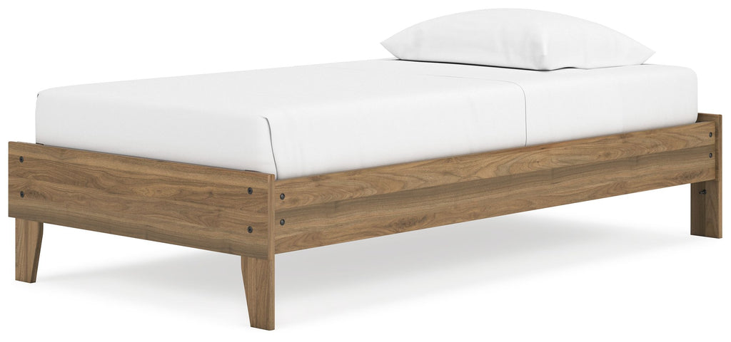 Light brown platform bed frame with white mattress and low wooden side rails