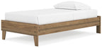 Light brown platform bed frame with white mattress and low wooden side rails