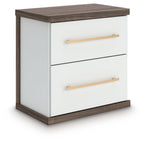 Kendanport two-drawer night stand with brown top, white body, two pull-out drawers