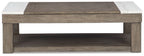 Grayish brown lift-top cocktail table with white tabletop sections and lower shelf
