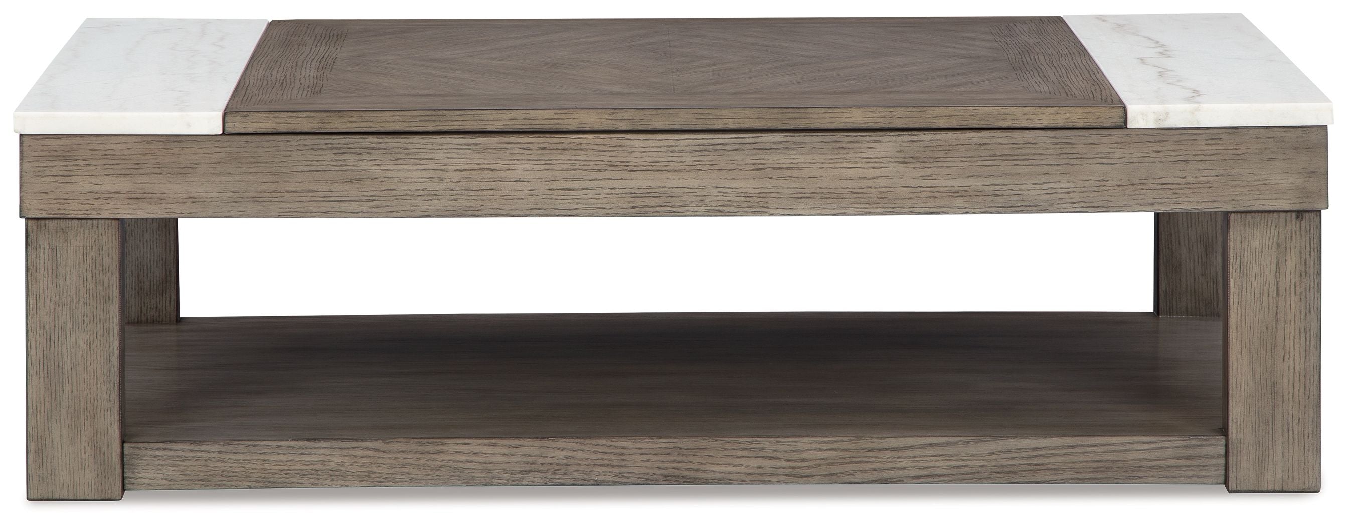 Grayish brown lift-top cocktail table with white tabletop sections and lower shelf