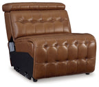 Chocolate brown armless recliner chair with manual headrest, tufted padded upholstery