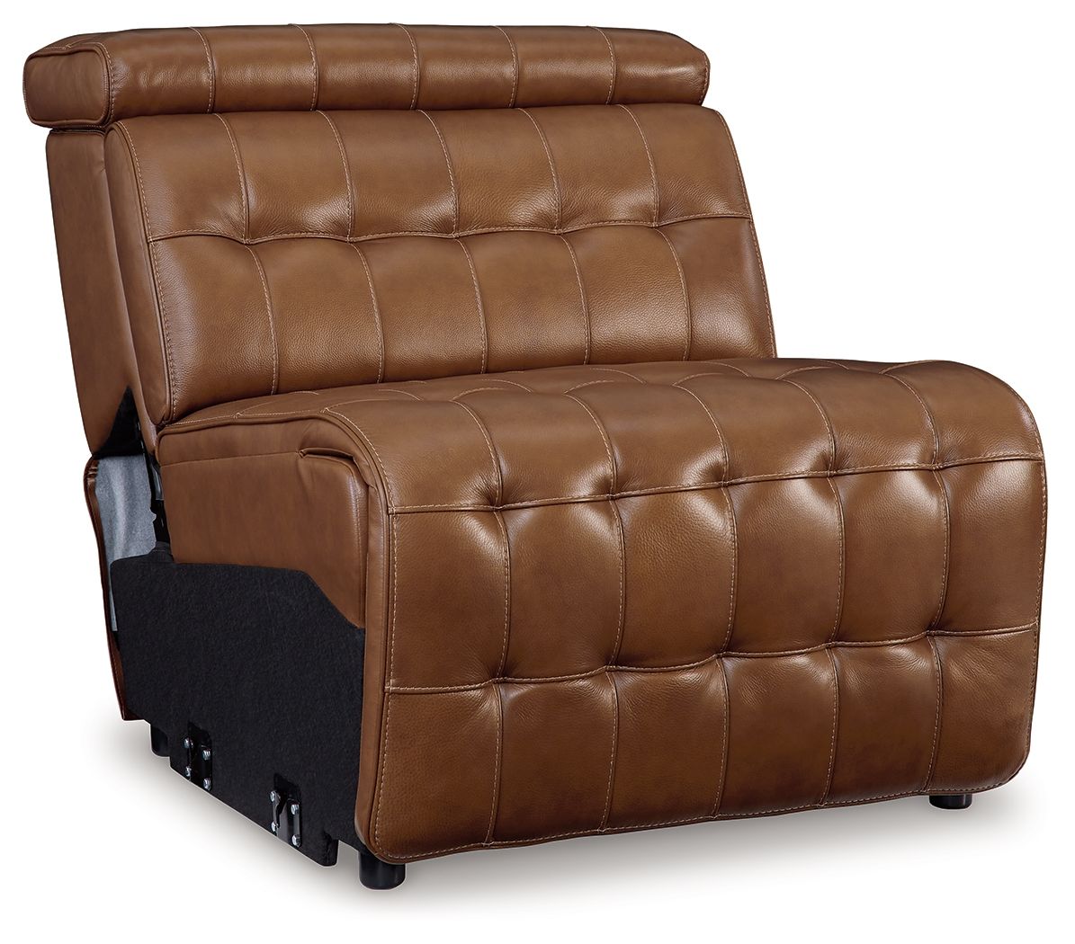 Chocolate brown armless recliner chair with manual headrest, tufted padded upholstery