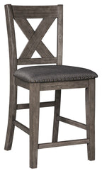 Gray upholstered barstool with X-backrest and nailhead-trim padded round seat