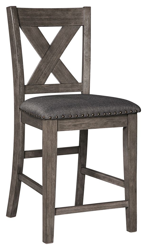 Gray upholstered barstool with X-backrest and nailhead-trim padded round seat