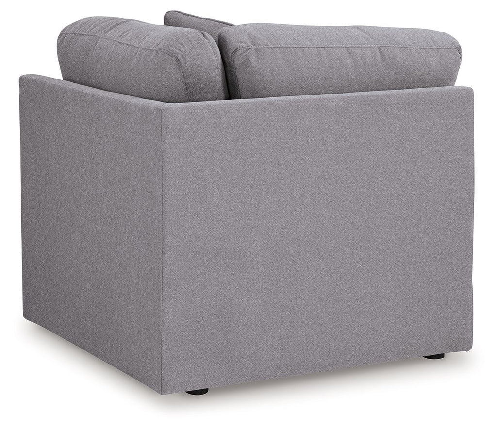 Gray fabric wedge sectional armchair, side view with boxy seat and rolled arm