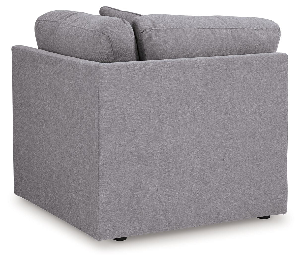 Gray fabric wedge sectional armchair, side view with boxy seat and rolled arm