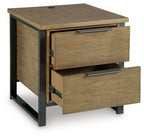 Light brown wood table with two drawers; lower drawer pulled open; black metal legs