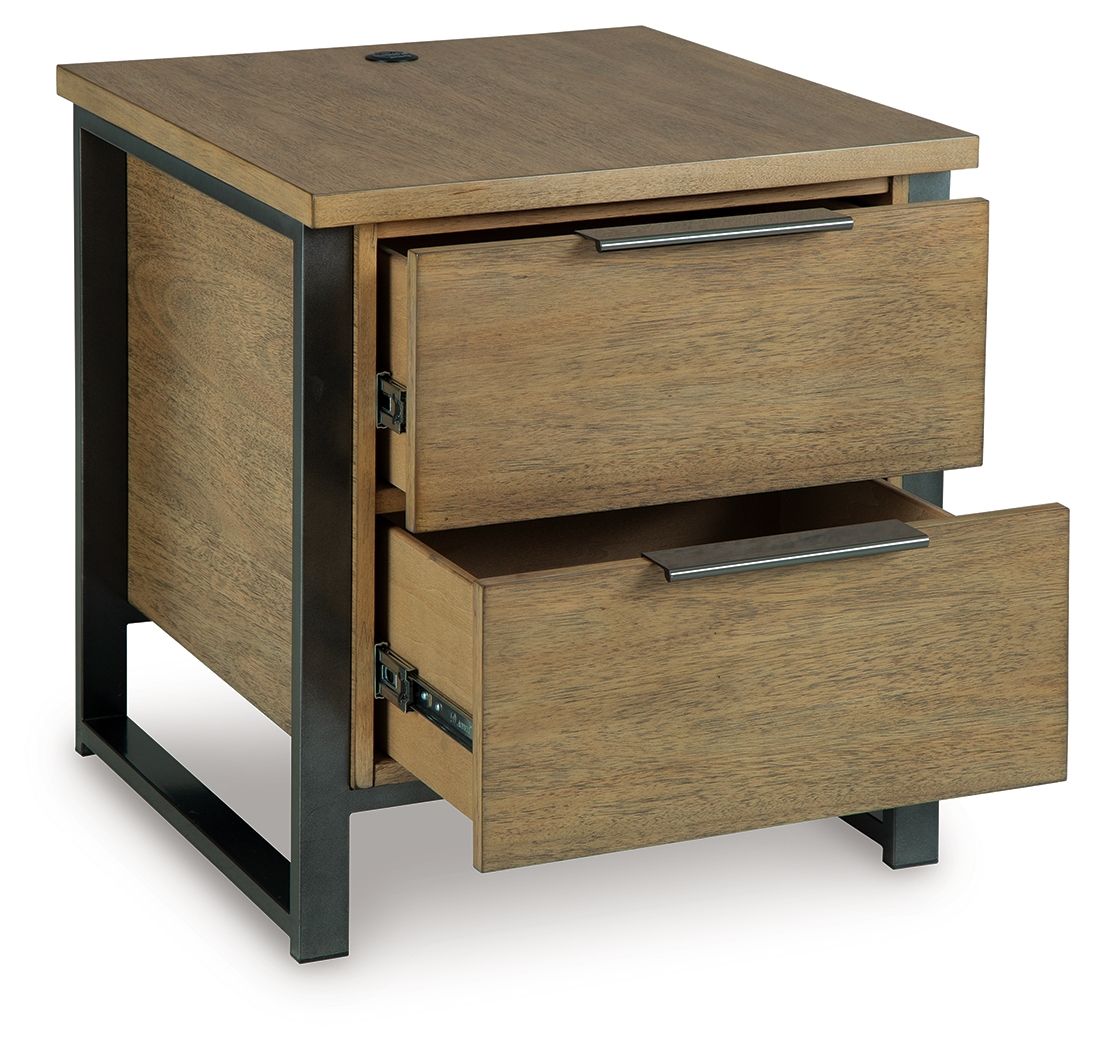 Light brown wood table with two drawers; lower drawer pulled open; black metal legs