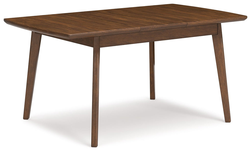 Rectangular dining table with butterfly leaf, brown wood, open leaf side view