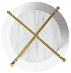 Round end table with white marble-look top, X-style gold support, round metal feet