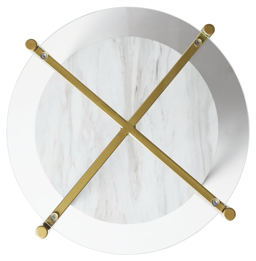 Round end table with white marble-look top, X-style gold support, round metal feet
