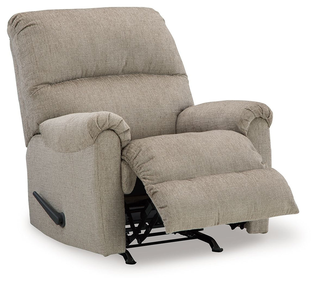 Taupe rocker recliner chair showing reclining footrest and black rocker base
