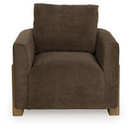 Brown accent chair front view with high backrest, padded arms, and wood base