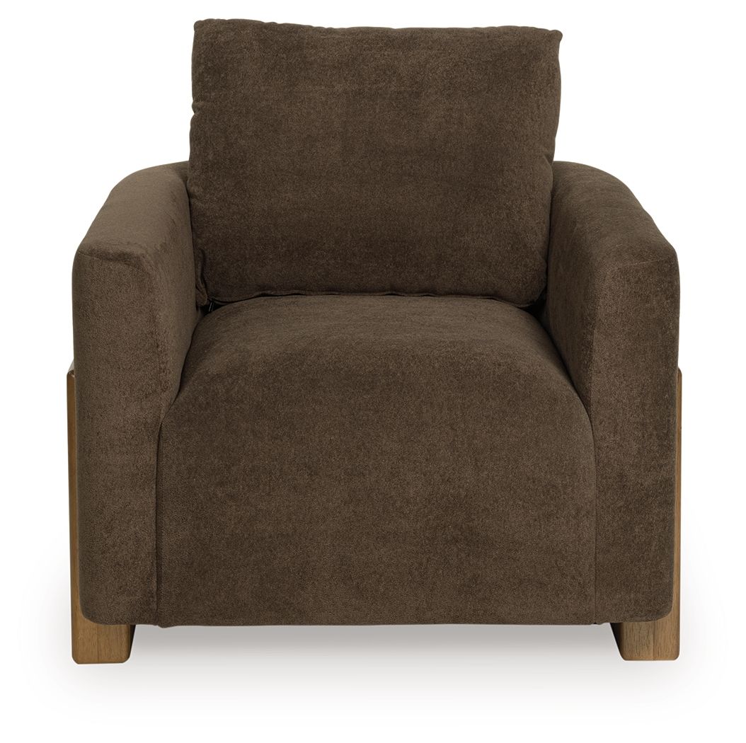 Brown accent chair front view with high backrest, padded arms, and wood base