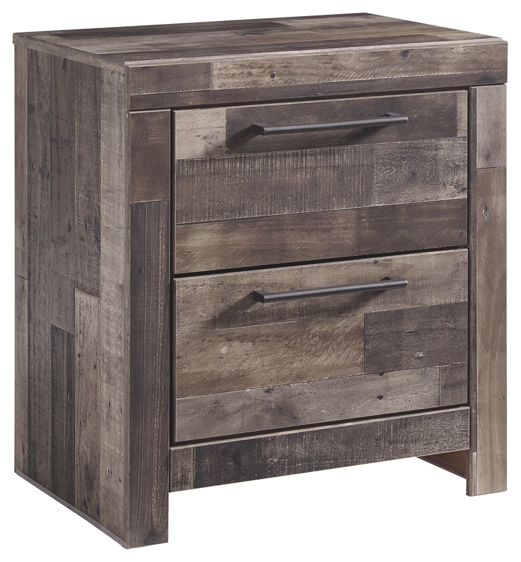 Two-drawer night stand with metal bar pulls, gray wood-look finish.