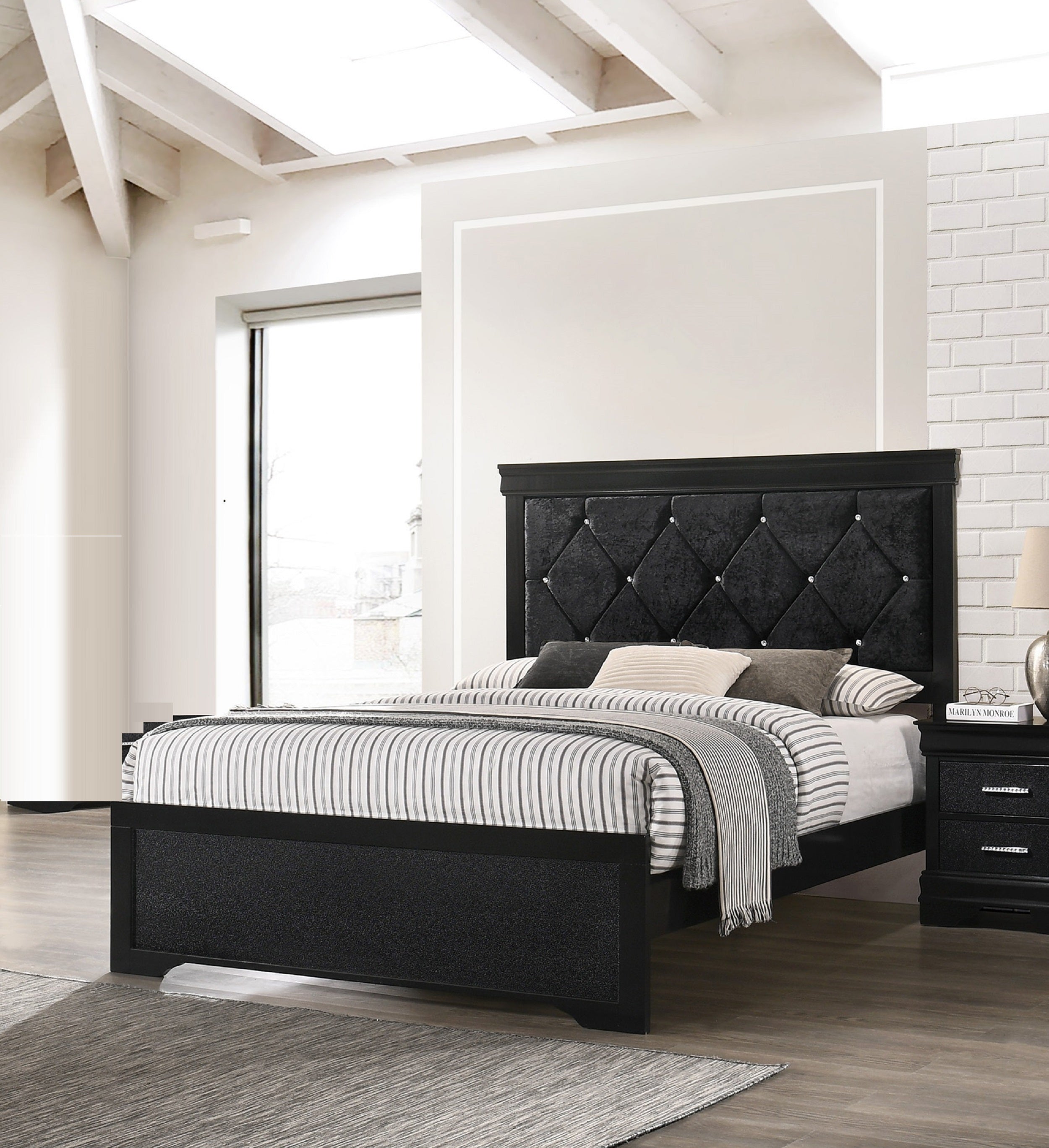 Modern Black Queen Bed, Tufted Fabric Headboard, Wooden Frame